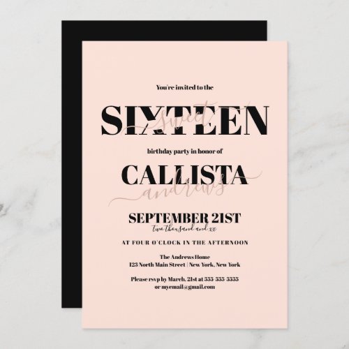 Modern Minimalist Girly Blush Pink Black Sweet 16 Invitation