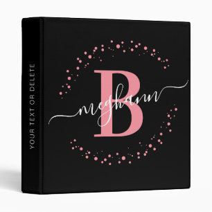 Modern Minimalist Girly Pink Black Name Monogram 3 Ring Binder