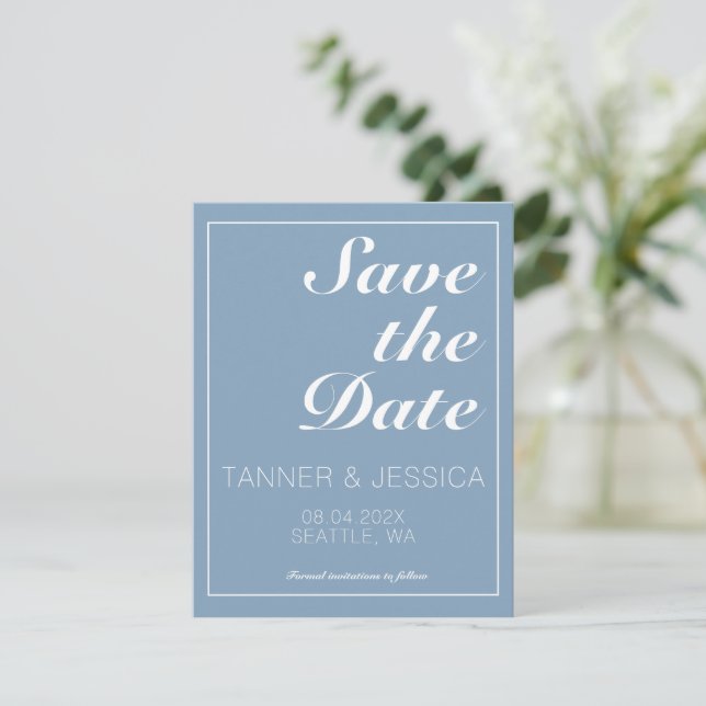 Modern Minimalist Glacier Blue & White  Save The Date (Standing Front)