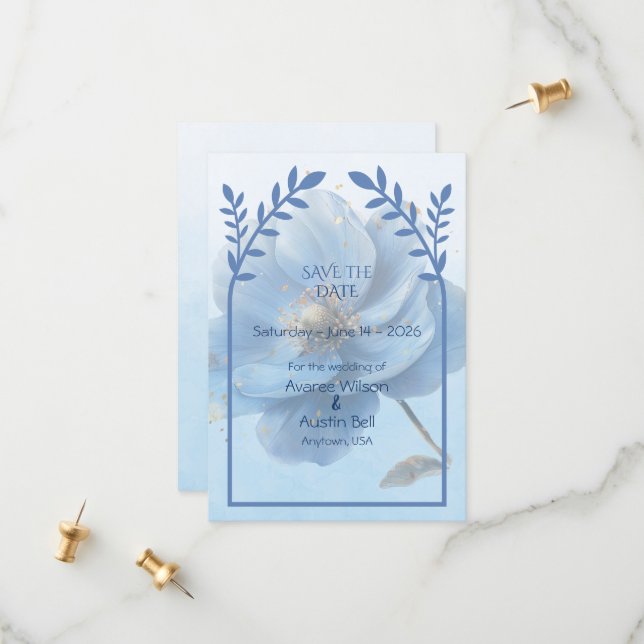 Modern Minimalist Gold and Blue Flat Save The Date (Front/Back In Situ)