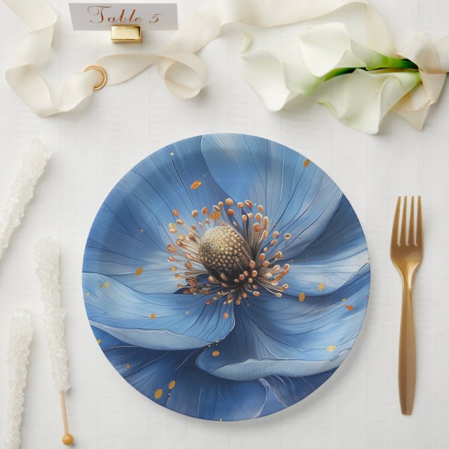 Modern Minimalist Gold and Blue Poppy  Paper Plates (Wedding)