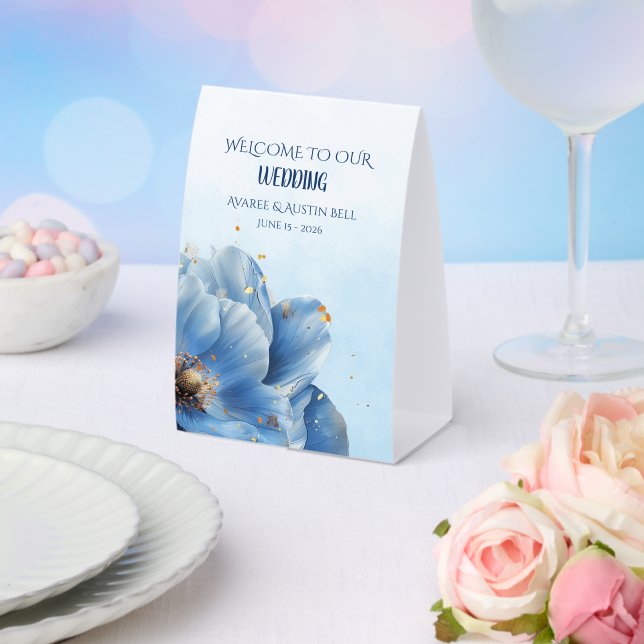 Modern Minimalist Gold and Blue Poppy  Paper Table Tent (Insitu(Wedding))