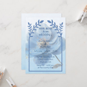 Modern Minimalist Gold and Blue Poppy Wedding   Invitation