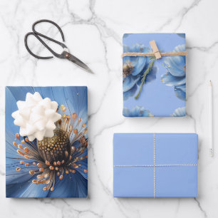 Modern Minimalist Gold and Blue Poppy  Wrapping Paper Sheets
