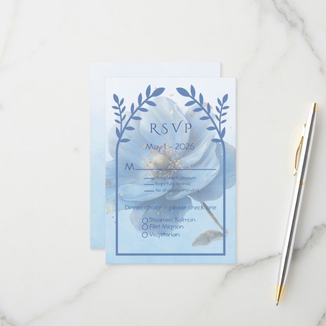 Modern Minimalist Gold and Blue Wedding RSVP Card (Front/Back In Situ)