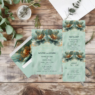 Modern Minimalist Gold and Emerald Wedding Invitation
