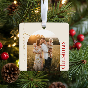 Modern Minimalist Gold and Red Script Christmas Metal Ornament