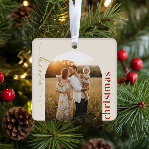 Modern Minimalist Gold and Red Script Christmas Metal Ornament