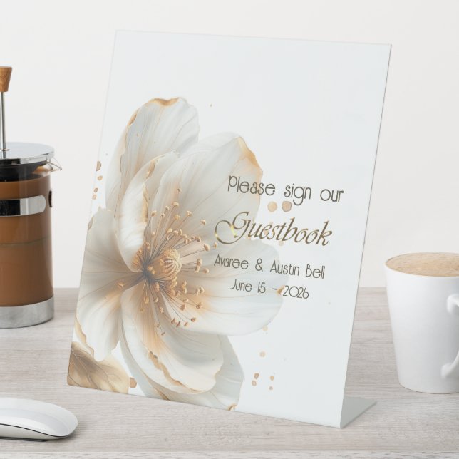 Modern Minimalist Gold and White Wedding Pedestal Sign (In SItu)