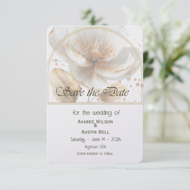 Modern Minimalist Gold and White Wedding Save The Date (Standing Front)