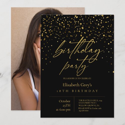Modern Minimalist ⎮Gold Black Photo Birthday  Invitation