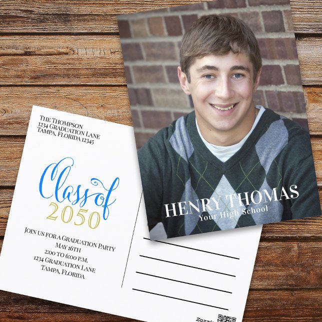 Modern Minimalist Gold Blue Graduation Photo Card (Creator Uploaded)