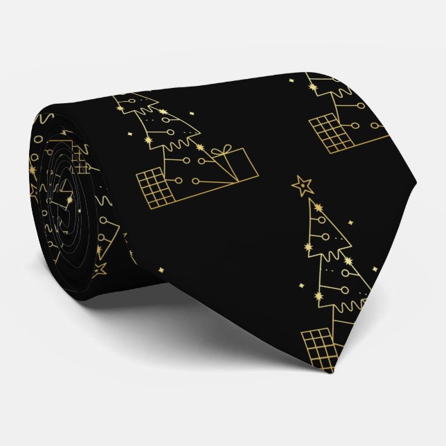 Modern Minimalist Gold Christmas Tree Black Neck Tie (Rolled)