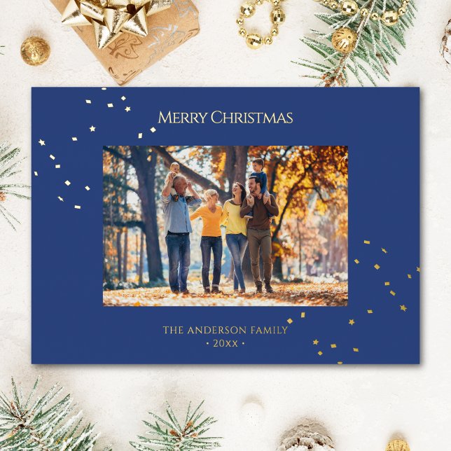Modern Minimalist Gold Confetti Christmas Photo Foil Holiday Card (Creator Uploaded)