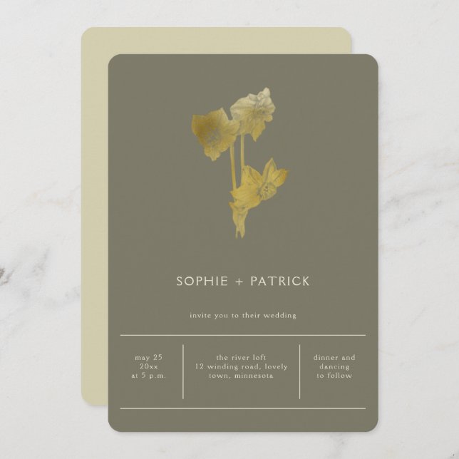 Modern Minimalist Gold Daffodil Spring Wedding Invitation (Front/Back)