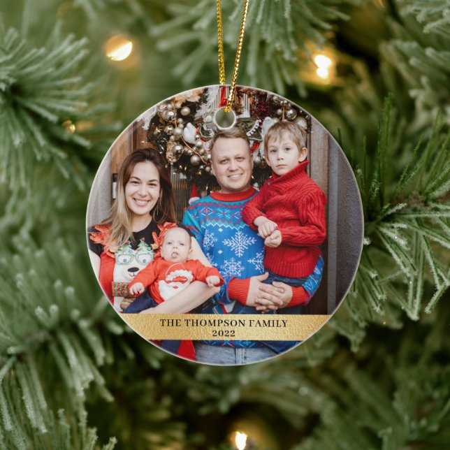 Modern Minimalist Gold Family 2 Photo Ceramic Ornament (Tree)