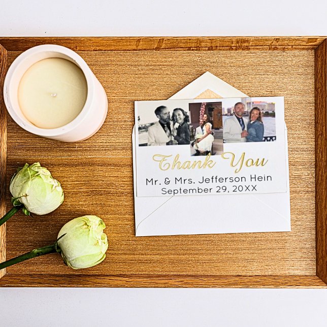 Modern Minimalist Gold Foil 3 Photo Wedding Foil Holiday Postcard (Hand lettering real gold foil wedding thank you postcards)