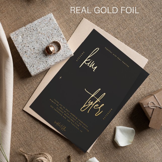 Modern minimalist gold foil script black wedding invitation (Creator Uploaded)