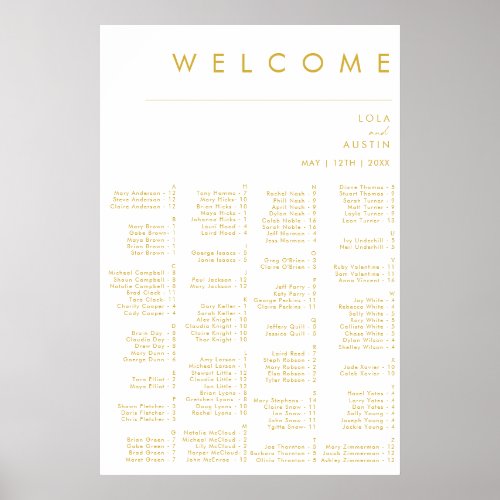 Modern Minimalist Gold Font Alphabetical Seating Poster