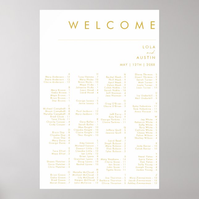 Modern Minimalist Gold Font Alphabetical Seating Poster (Front)