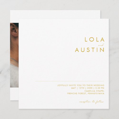 Modern Minimalist Gold Font Photo Square Wedding Invitation
