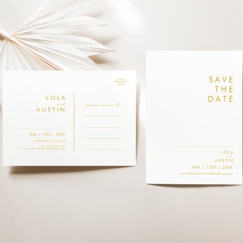 Modern Minimalist Gold Font Save The Date Postcard