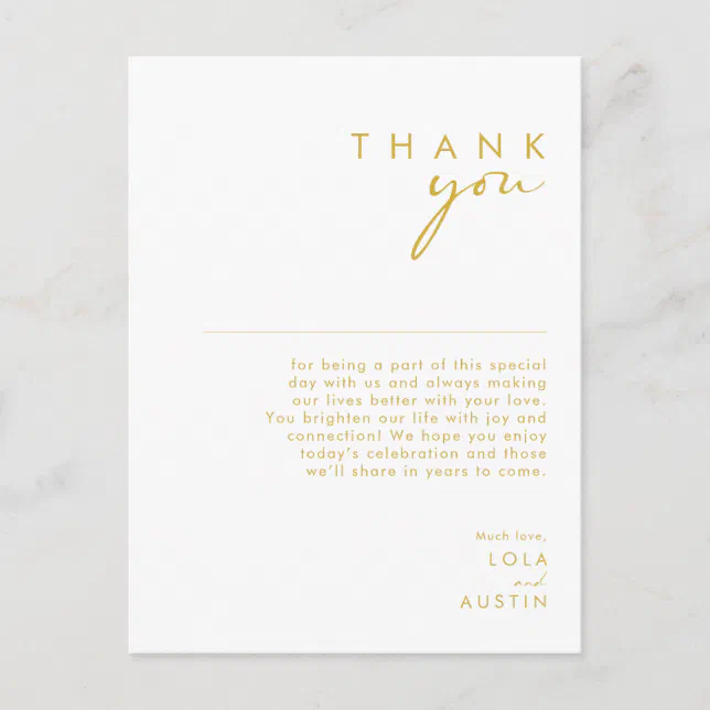 Modern Minimalist Gold Font Thank You Card | Zazzle