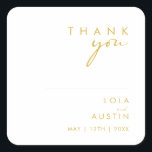 Modern Minimalist Gold Font Thank You Wedding Square Sticker<br><div class="desc">This Modern Minimalist Gold Font thank you wedding square sticker is perfect for your classy boho wedding. Its simple, unique abstract design accompanied by a contemporary minimal script and gold color palette gives this product a feel of elegant formal luxury while staying simplistic, chic bohemian. Keep it as is, or...</div>
