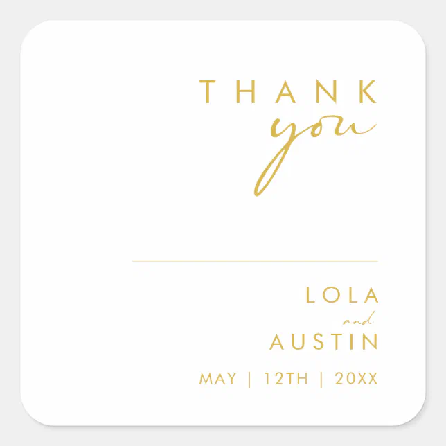 Modern Minimalist Gold Font Thank You Wedding Square Sticker | Zazzle
