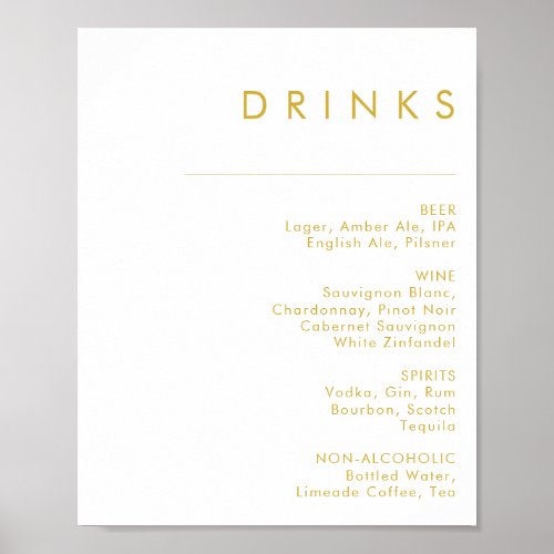 Modern Minimalist Gold Font Wedding Drinks Menu Poster