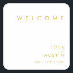 Modern Minimalist Gold Font Wedding Welcome Square Sticker<br><div class="desc">This Modern Minimalist Gold Font wedding welcome square sticker is perfect for your classy boho wedding. Its simple, unique abstract design accompanied by a contemporary minimal script and gold color palette gives this product a feel of elegant formal luxury while staying simplistic, chic bohemian. Keep it as is, or choose...</div>