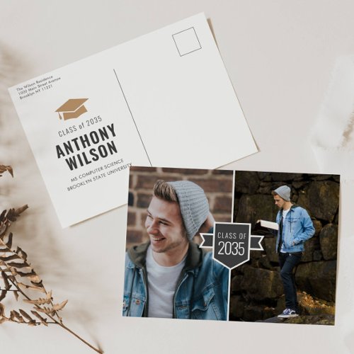 Modern Minimalist Gold Grad Cap 2 Photo Graduation Announcement Postcard