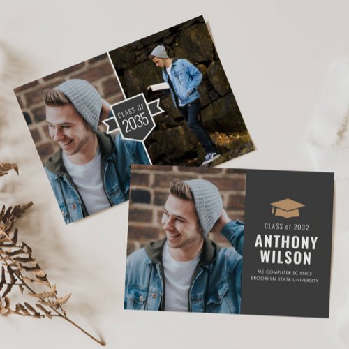 Modern Minimalist Gold Grad Cap 3 Photo Graduation Announcement