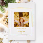 Modern Minimalist Gold Lines & Photo Foil Holiday Card<br><div class="desc">Modern,  clean and elegant faux gold lined border on white background with text and photo templates.</div>