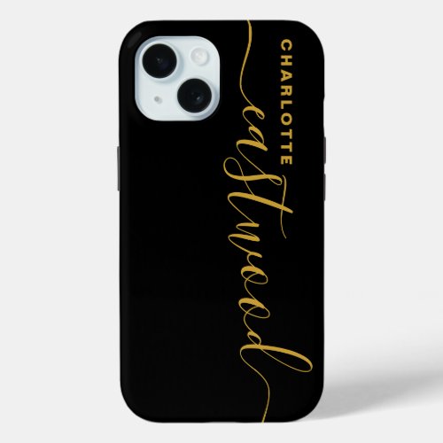 Modern Minimalist Gold Monogram Black iPhone 15 Case
