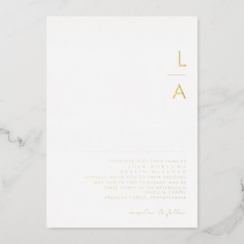 Modern Minimalist  Gold Monogram Wedding Real Foil Invitation