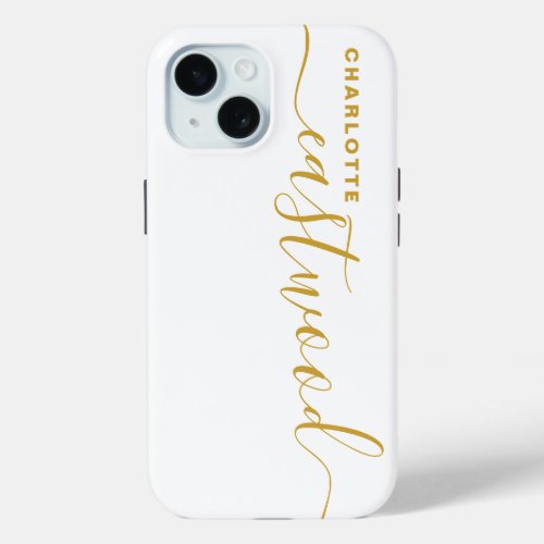 Modern Minimalist Gold Monogram White iPhone 15 Case