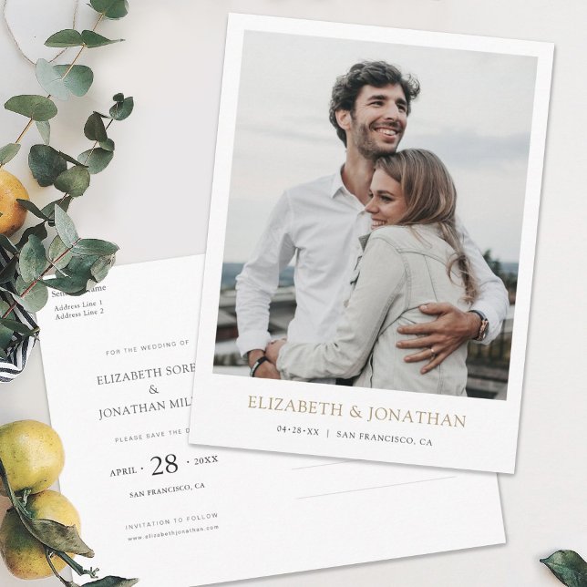 Modern Minimalist Gold Photo Save the Date Wedding Invitation Postcard (Creator Uploaded)