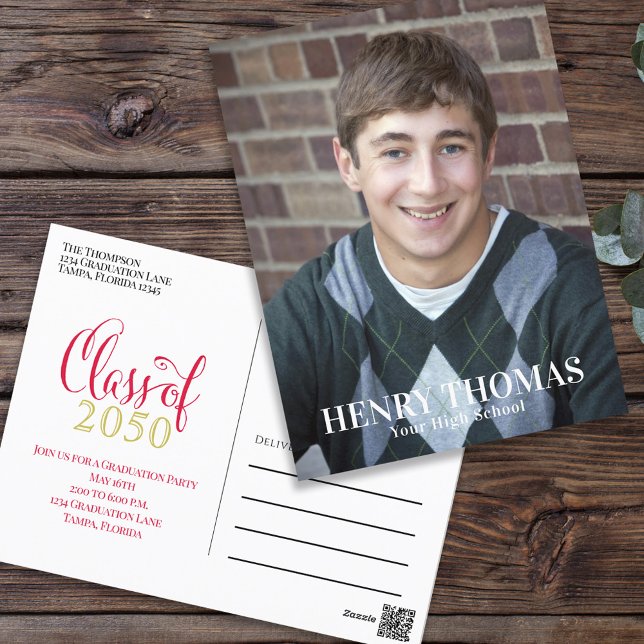 Modern Minimalist Gold Red Graduation Photo Card (Creator Uploaded)