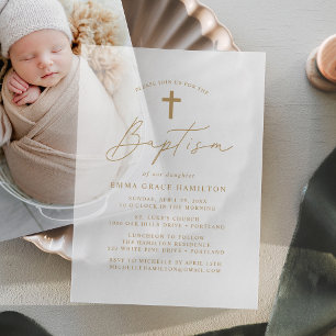 Modern Minimalist Gold Script Baptism Vellum Invitations