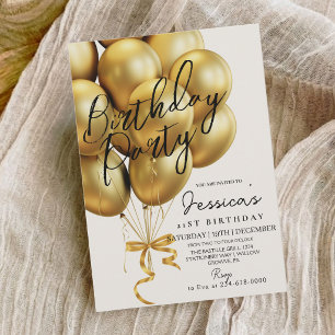 Modern Minimalist Gold Script Black Birthday Party Invitation