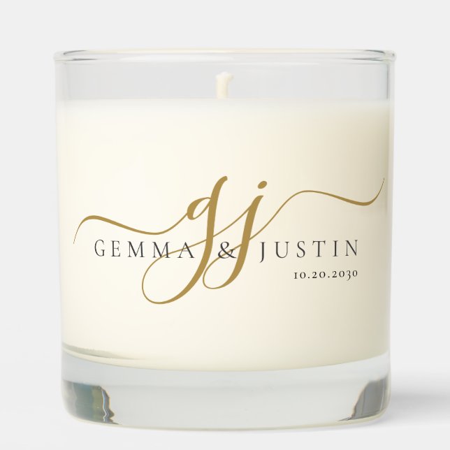 Modern Minimalist Gold Script Monogram Wedding Scented Candle (Front)