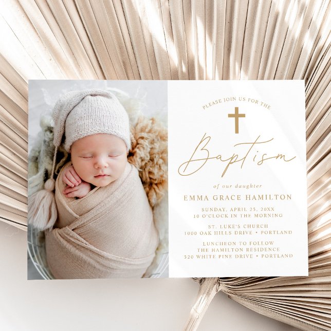 Modern Minimalist Gold Script Photo Baptism Invitation (Creator Uploaded)