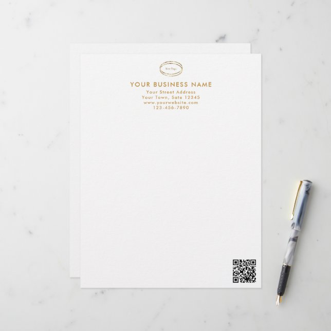 Modern Minimalist Gold Tan QR Code Business Logo Letterhead (Front/Back In Situ)