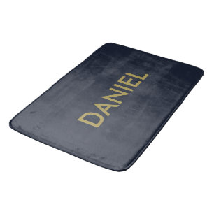 Modern minimalist gold text navy blue bath mat