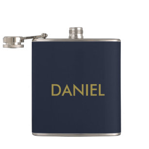 Modern minimalist gold text navy blue flask