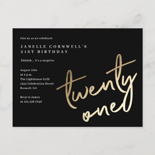 Modern Minimalist Gold Type 21st Birthday Invitation Postcard