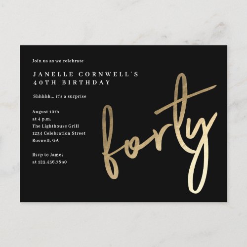 Modern Minimalist Gold Type 40th Birthday Invitation Postcard