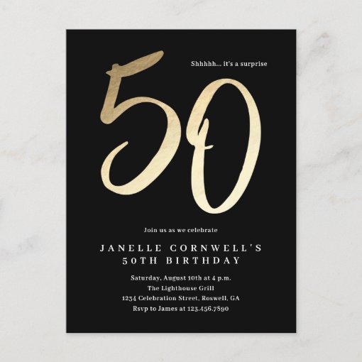 Modern Minimalist Gold Type 50th Birthday Invitation Postcard | Zazzle