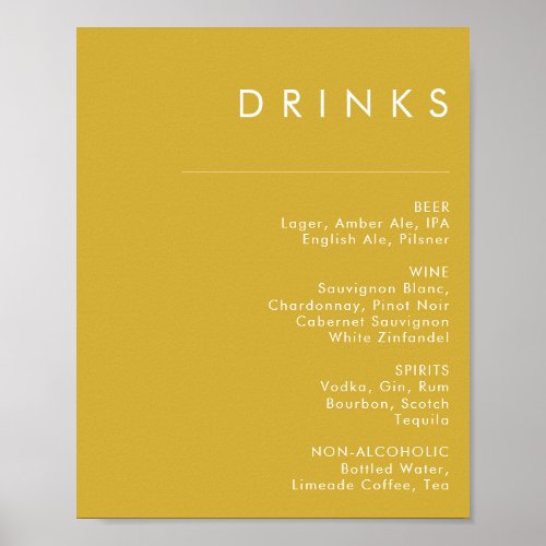 Modern Minimalist Gold Wedding Drinks Menu Poster